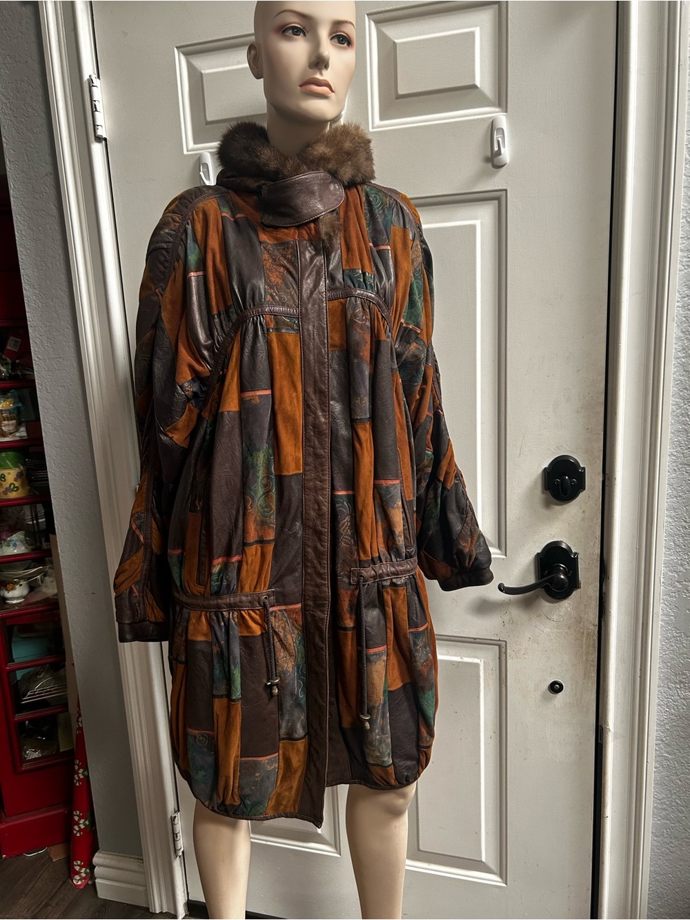Vtg Lederman Design Patchwork Leather & Suede Fur-Trim MIDI Coat - Sz 42 Germany